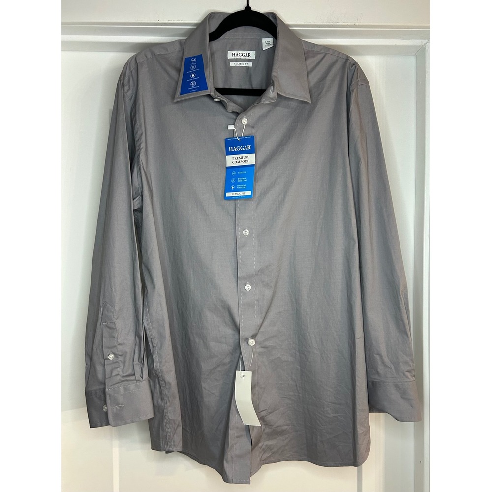 NEW Haggar Premium Comfort Dress Shirt Gray Stretch Wrinkle Resistant 16.5 32 33